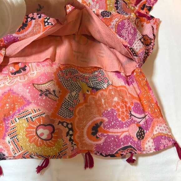 Banjanan Printed Mini Dress Flutter Sleeve Tassel Trim Floral Pink Red Large Boh - Picture 15 of 16